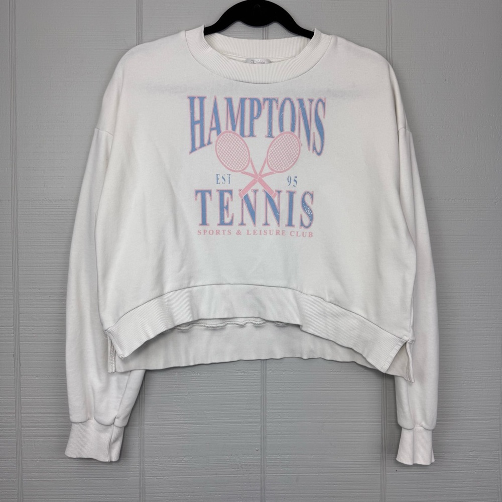 gb fashion Hamptons Tennis White Cropped Crewneck Sweatshirt Preppy Loungewear
